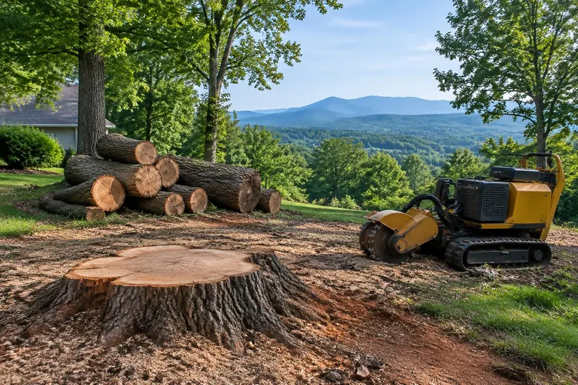 Freshly cut hardwood stump, stacked logs and a stump grinder in an Upstate South Carolina yard overlooking wooded foothills
