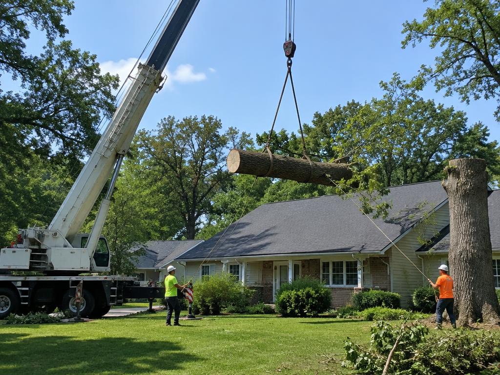 Crane lifting a cut trunk section over a suburban roof