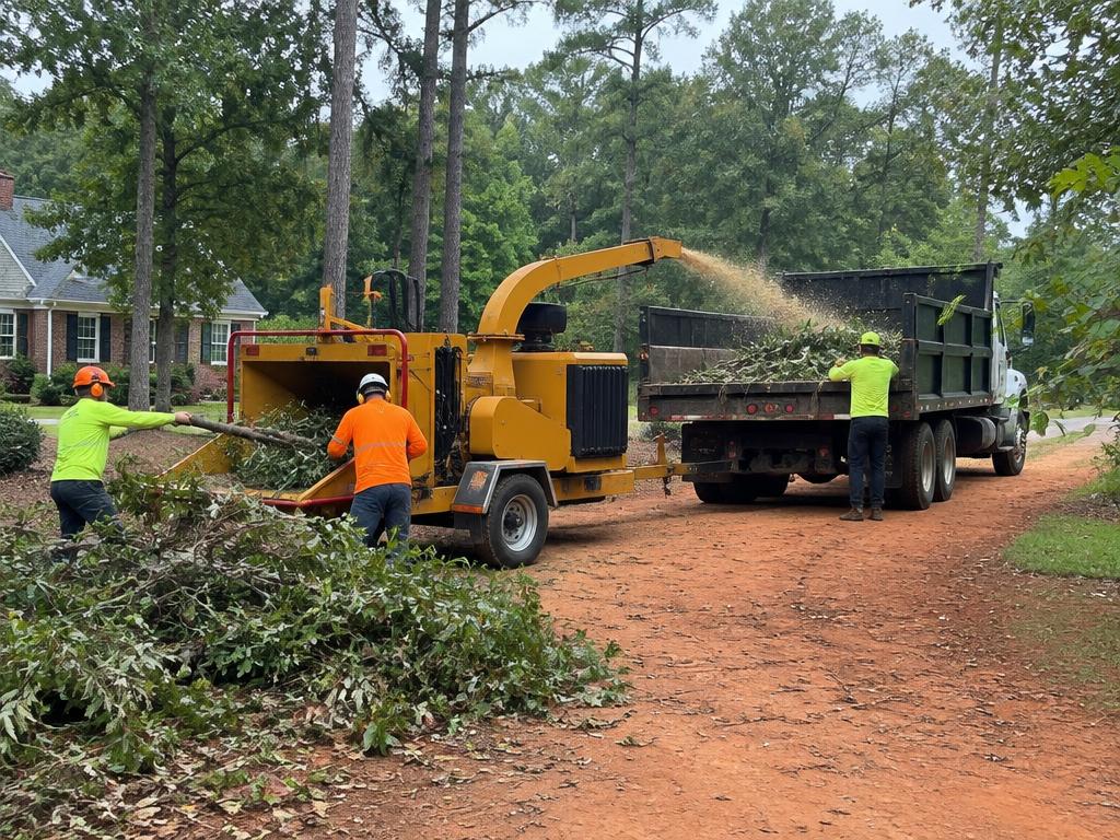 Crew chipping branches into a dump truck after tree work