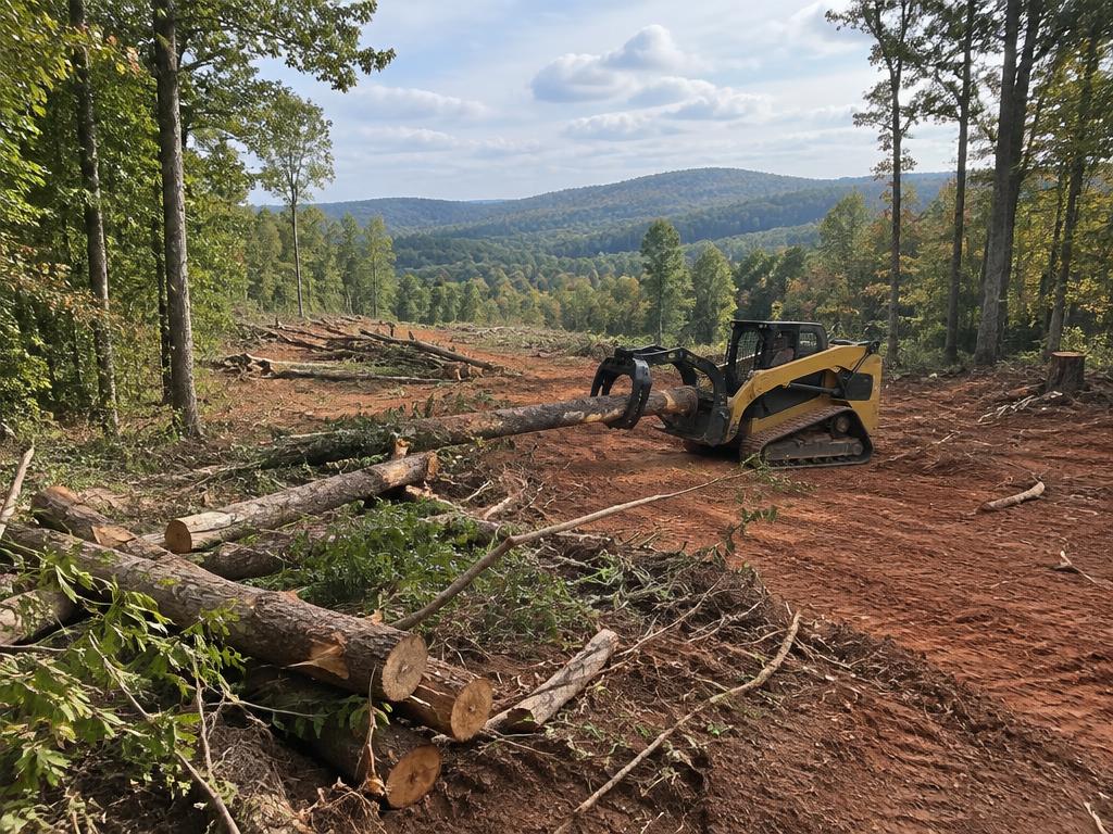 Skid steer moving felled logs on a wooded lot being cleared in the Piedmont