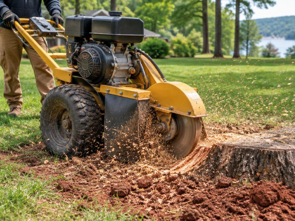 Stump grinder chewing a hardwood stump into chips in a Greenville lawn
