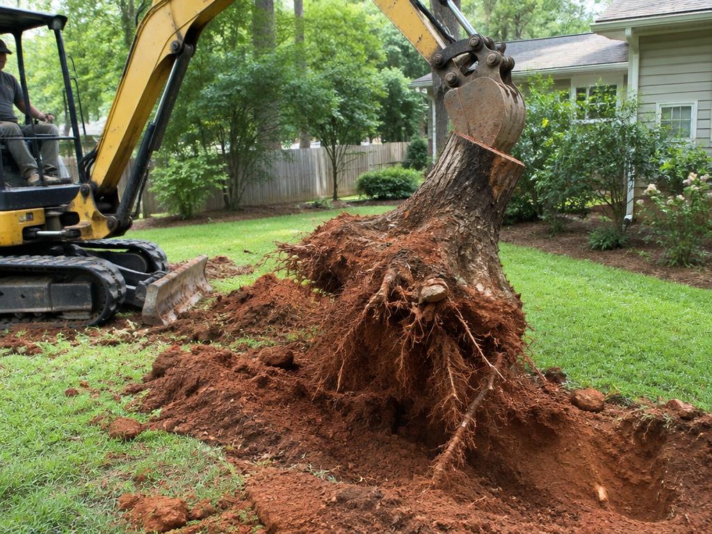 Mini excavator pulling a full stump and root ball from red clay soil