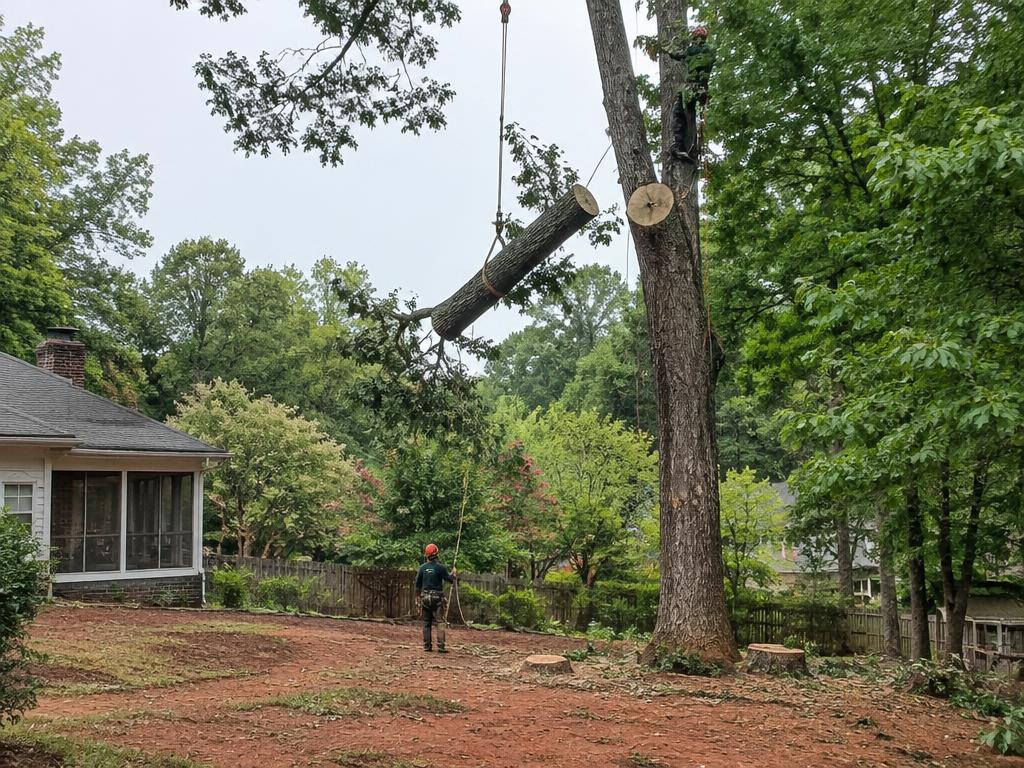 Hardwood tree section lowered by ropes during a residential removal in Greenville, SC