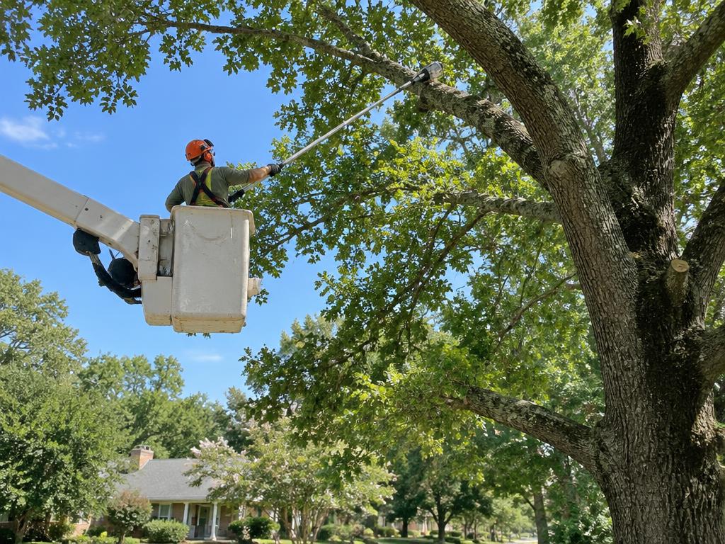 Arborist pruning an oak canopy from a bucket truck in an Upstate neighborhood