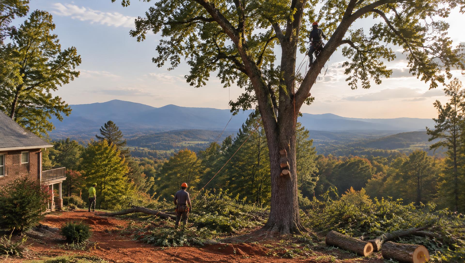 Tree removal crew with a climber taking down a large oak near Greenville, SC
